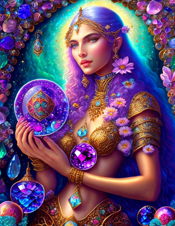 Fantastical female figure with violet hair and golden armor holding a crystal ball surrounded by gemstones and