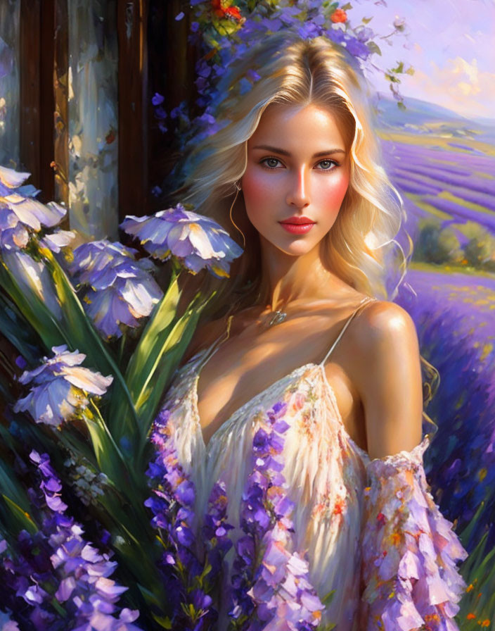 Blonde Woman Surrounded by Purple Flowers in Lavender Field