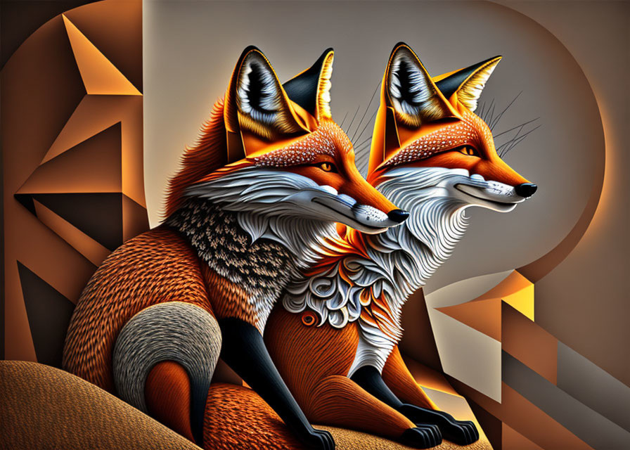 Stylized foxes digital art with vibrant colors