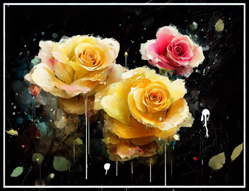 Abstract painting: Three roses in yellow and pink with paint drips & silhouette figure