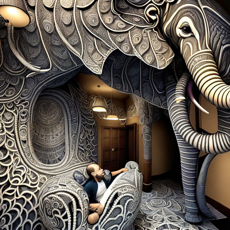 Intricately patterned elephant with matching ornate room design