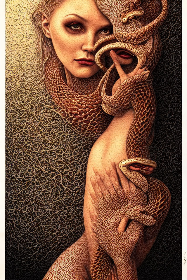 Surrealist artwork: Woman with snake in earthy tones