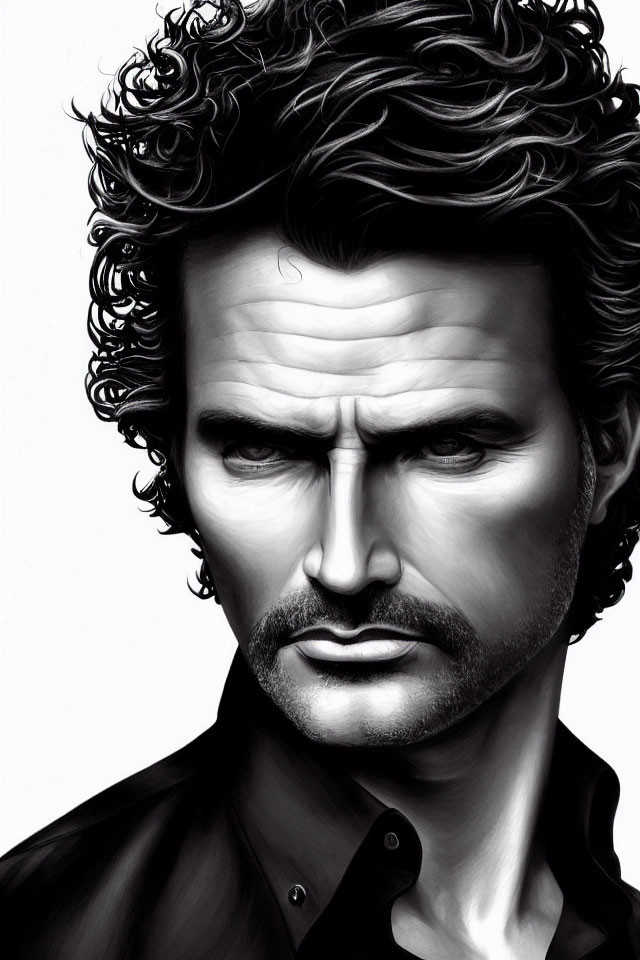 Detailed monochrome illustration of man with curly hair, intense gaze, stubble, black shirt.