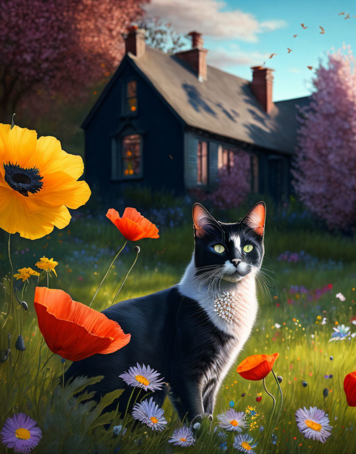 Black and white cat among poppies and daisies in front of blooming trees