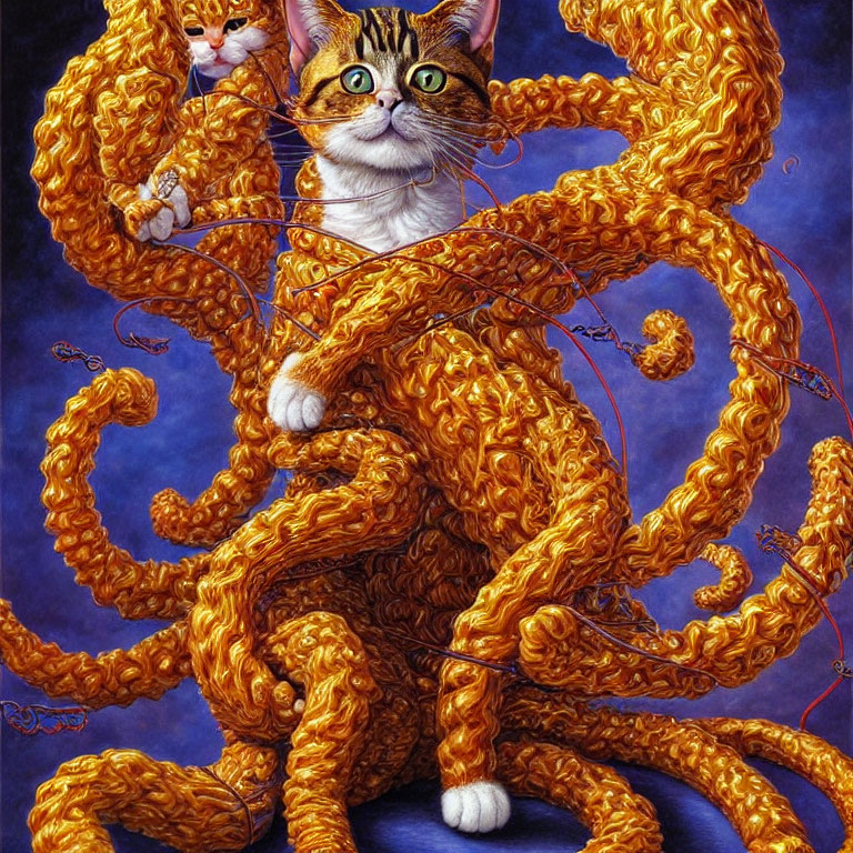 Detailed Illustration of Orange Tabby Cat with Wavy Tails on Dark Blue Background