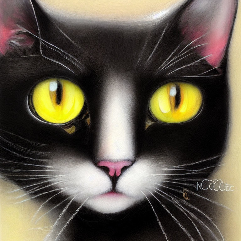 Black and White Cat with Yellow Eyes and Pink Nose on Pale Background