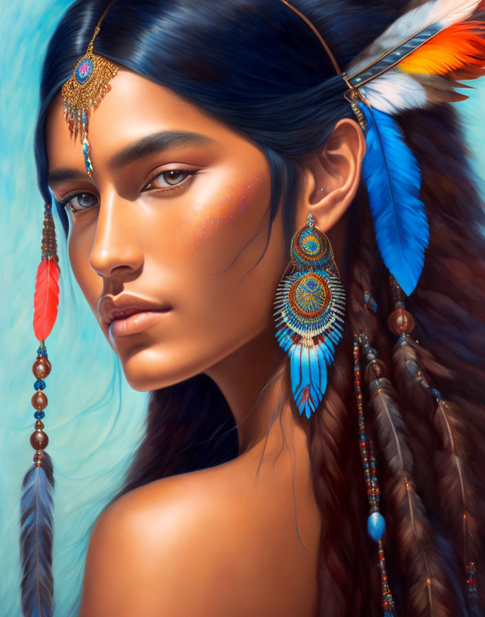 Digital artwork featuring woman with colorful feathered hair and bejeweled accessories