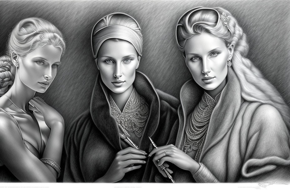 Monochromatic pencil drawing of three women with intricate hairstyles and elegant attire