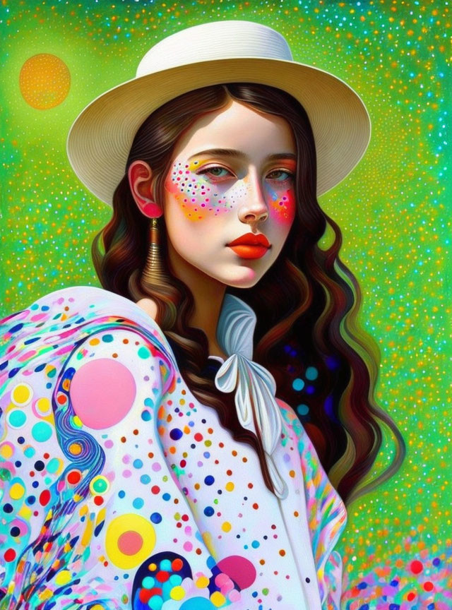 Colorful illustration: Woman with dotted face paint, hat, polka-dotted outfit, bow tie