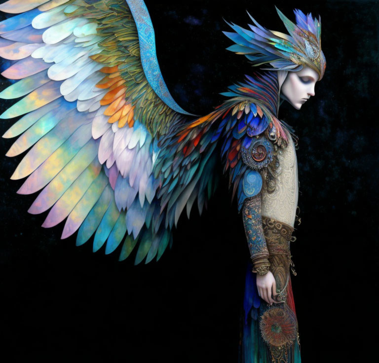 Colorful Winged Figure in Ornate Armor and Headdress