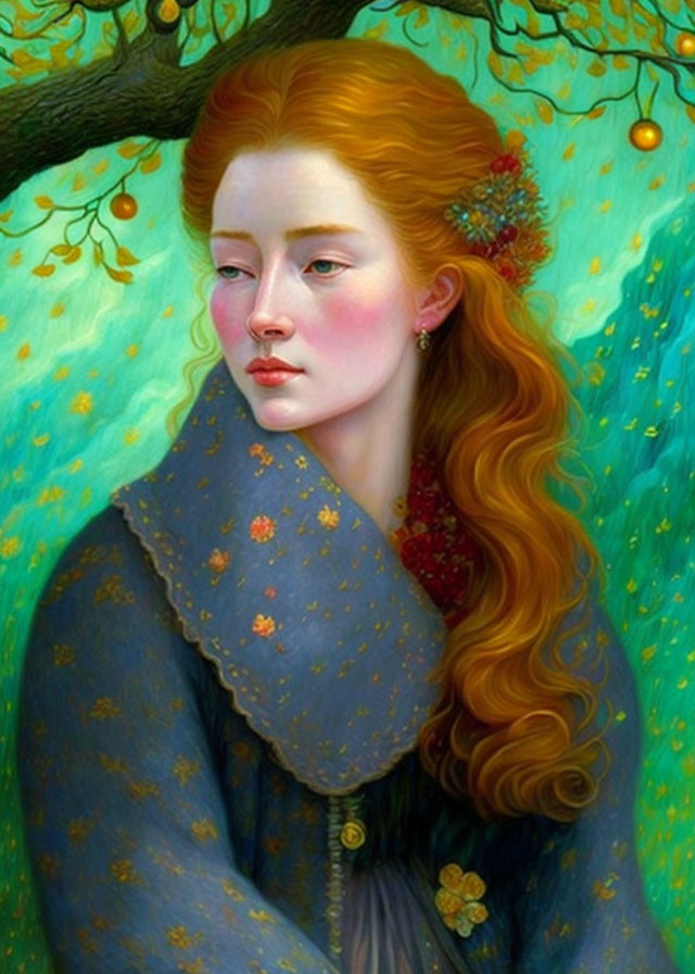 Portrait of woman with red hair in blue cloak on green background