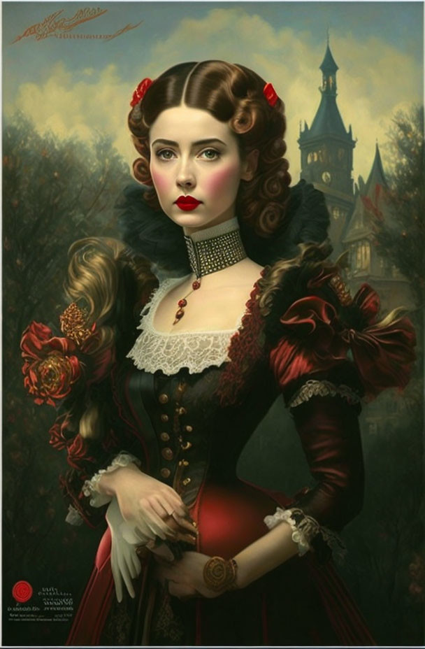 Victorian-style portrait of woman in corseted gown against gothic backdrop