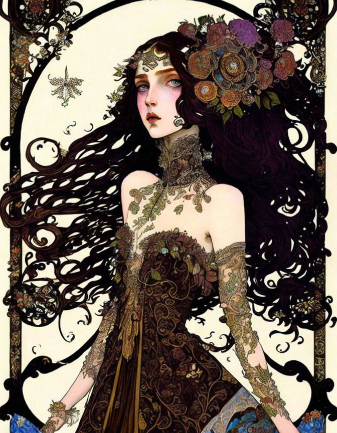 Illustrated woman with dark hair, floral headdress, tattoos, brown dress, golden backdrop