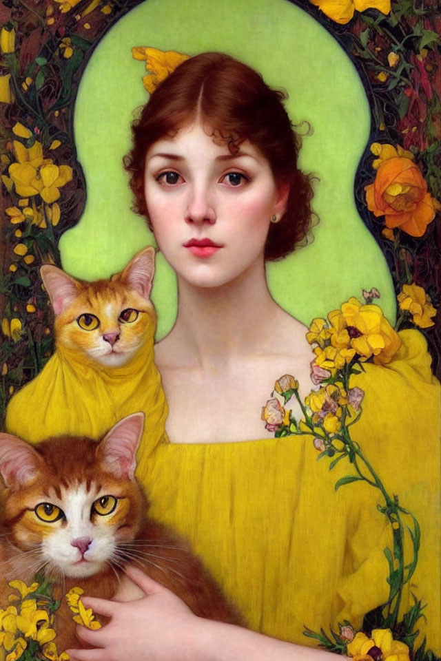 Woman in Yellow Dress with Green Halo Surrounded by Cats and Flowers