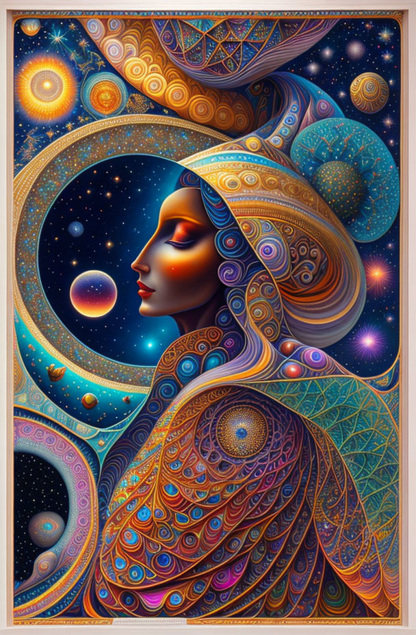 Colorful artwork of woman's profile merged with cosmic elements and intricate patterns