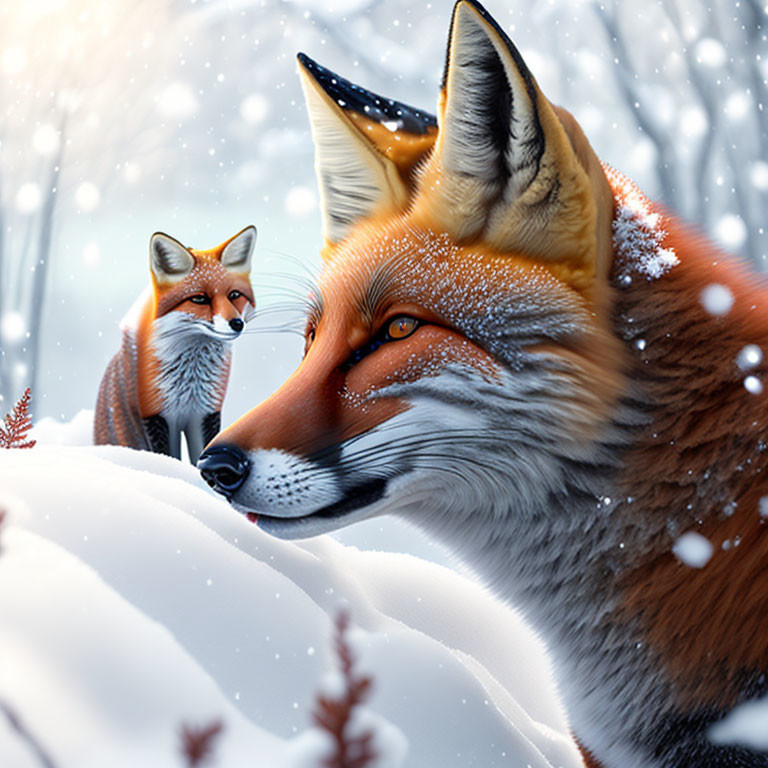 Two foxes in snowy landscape, one with snowflakes on fur, one among trees