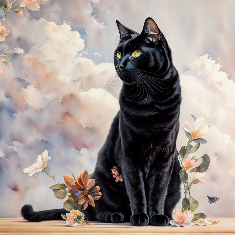 Majestic black cat with green eyes in whimsical setting