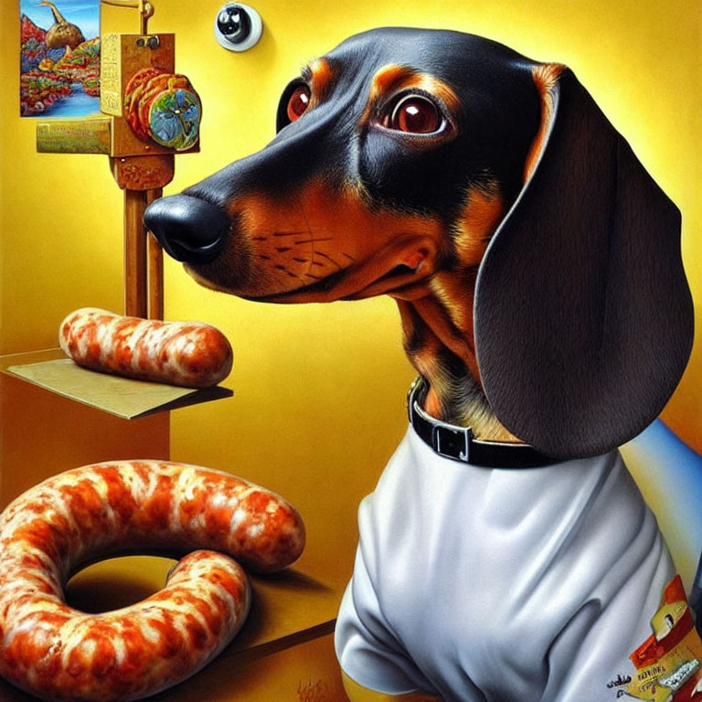 Whimsical dachshund painting with expressive eyes and surreal elements