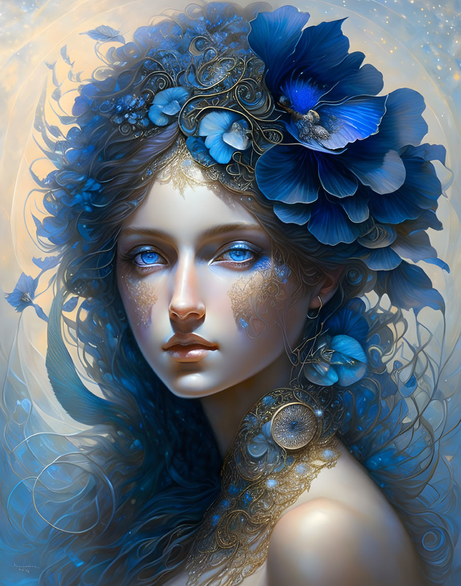 Digital artwork: Woman with blue flowers, gold jewelry, blue eyes on golden backdrop