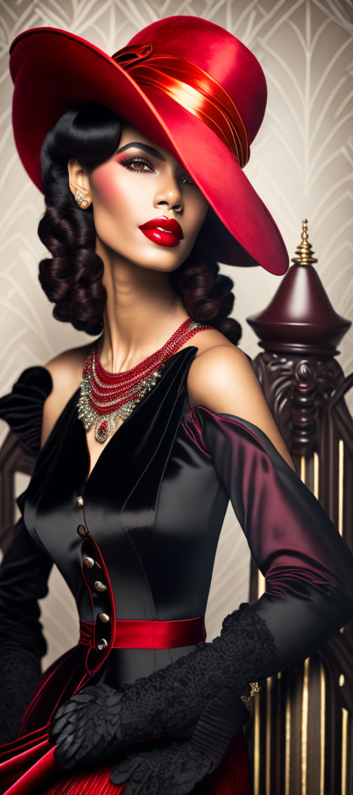 Stylish woman in red and black attire with wide-brimmed hat and pearls against patterned