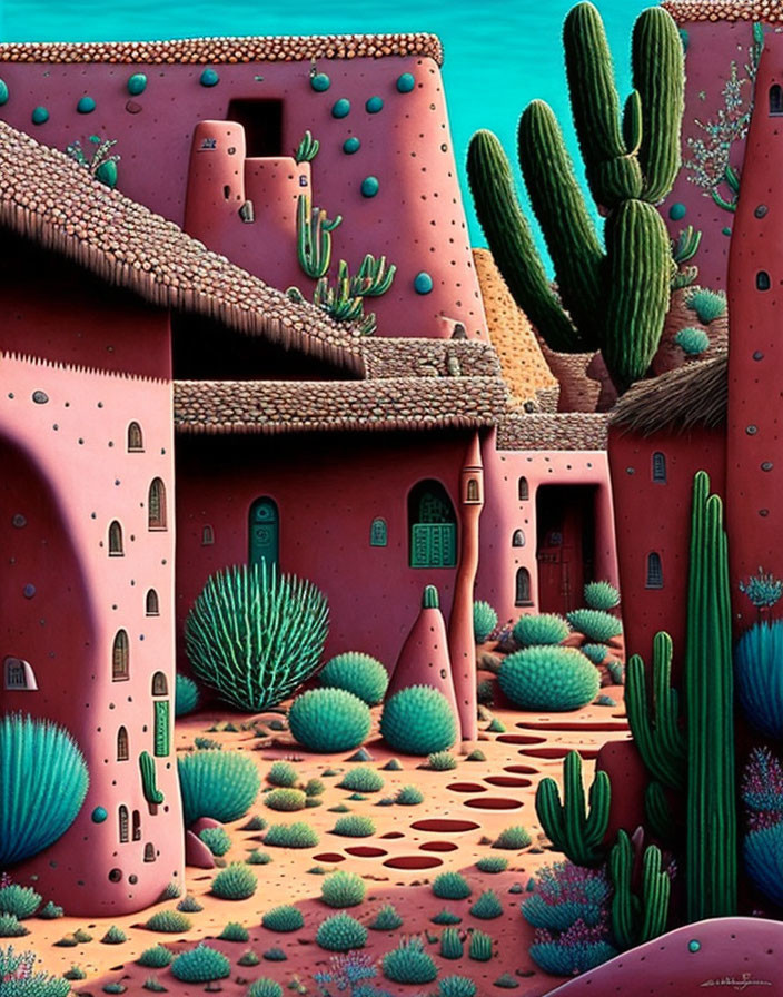 Desert Landscape with Adobe-style Buildings and Cacti