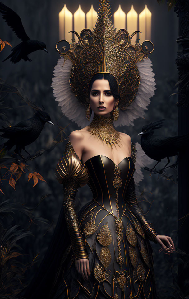 Elaborate black dress with gold accents, feathered shoulders, crows in dark forest.