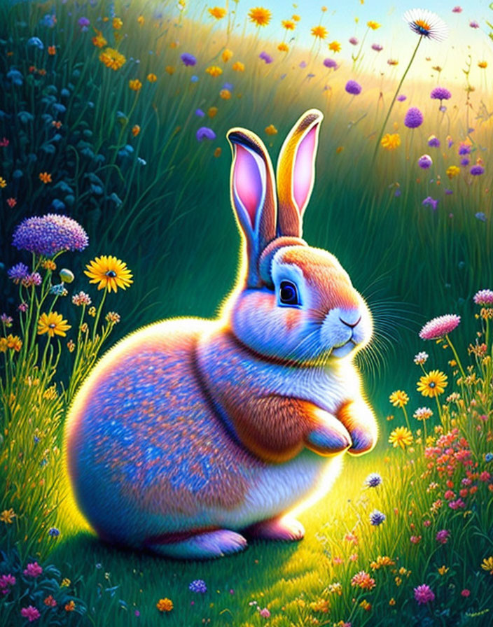 Colorful Rabbit in Wildflower Garden Scene