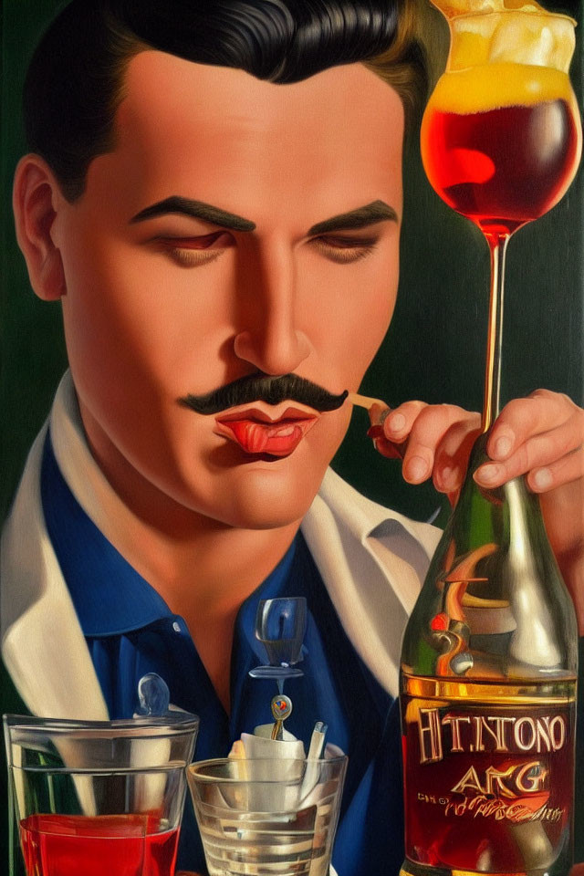 Stylized painting of man with mustache sipping drink with "TINTO ARG" bottle