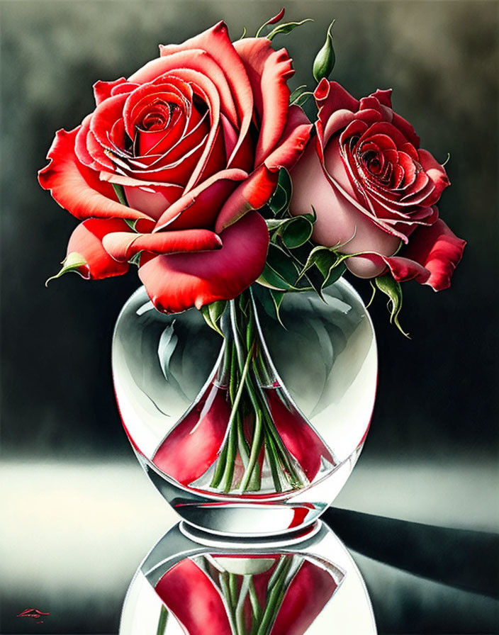 Vibrant red roses with white highlights in a clear glass vase on dark background