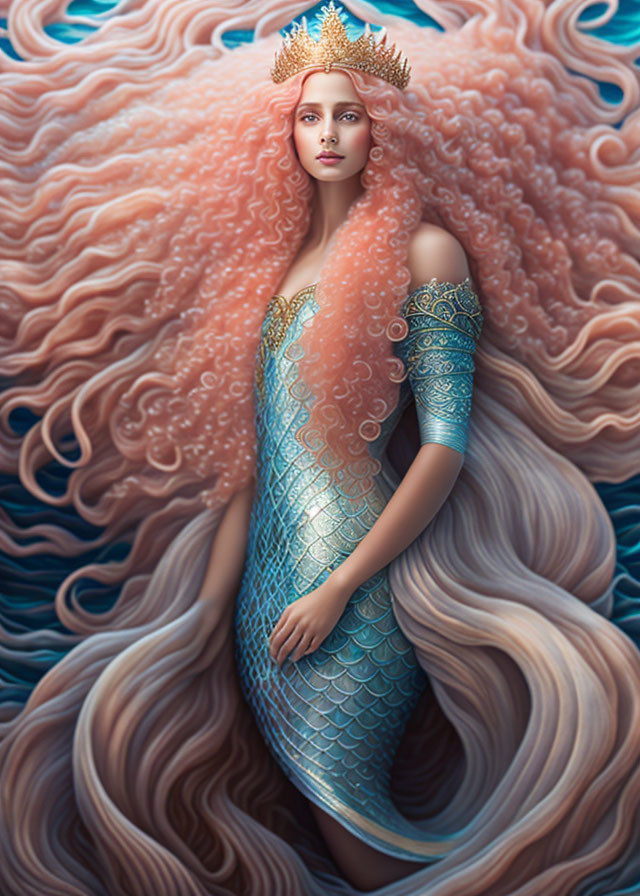 Red-haired woman with coral crown and blue scale dress on wavy background