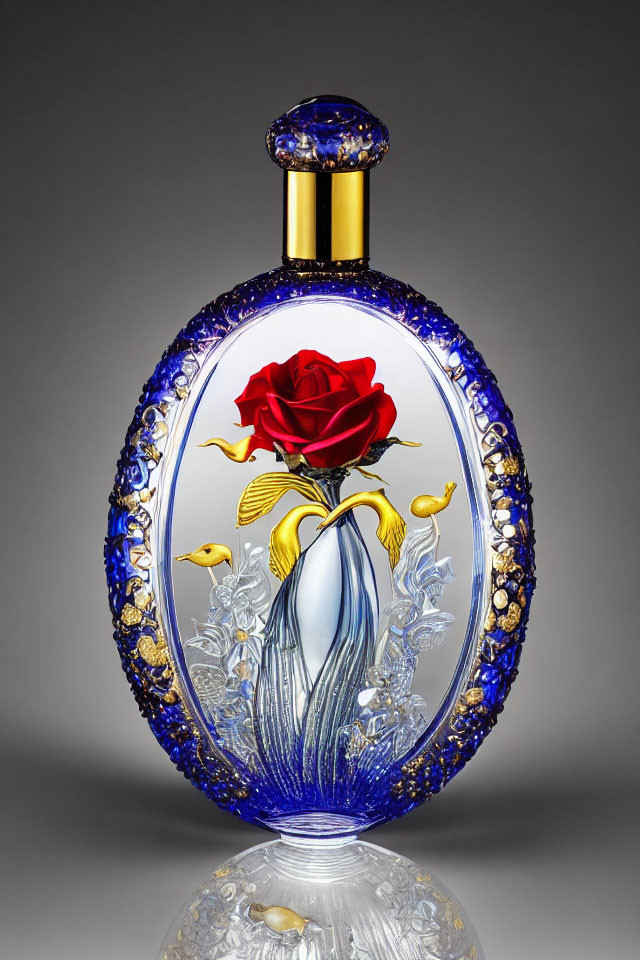 Gold-capped perfume bottle with blue ornate design and red rose on gradient background