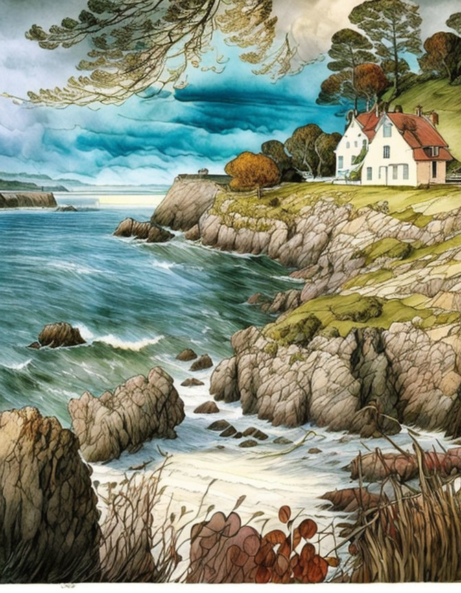 Scenic coastal landscape with white house on cliffs, trees, waves, and blue sky