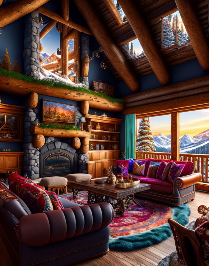 Rustic cabin interior with stone fireplace, plush sofas, wooden beams, snowy mountain view