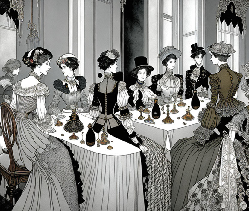 Grayscale illustration of elegantly dressed women at a lavish gathering.