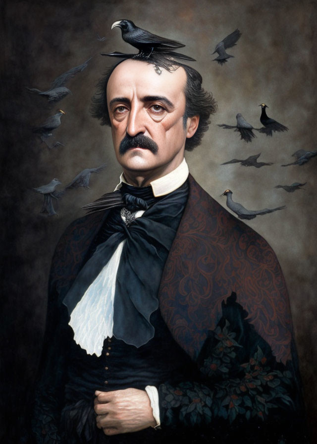 Stylized portrait of a man with mustache and ravens in 19th-century attire