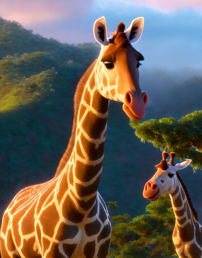 Animated giraffes with expressive faces in sunlit savanna