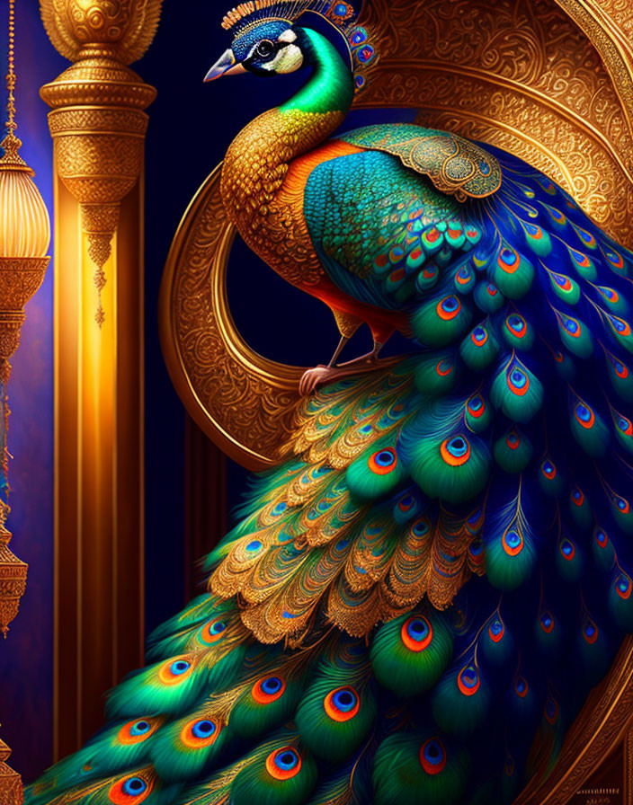 Colorful Peacock Illustration with Elaborate Iridescent Tail, Golden Columns, and Orn