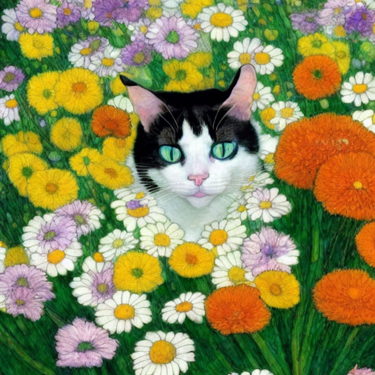 Black and White Cat with Green Eyes in Colorful Flower Field