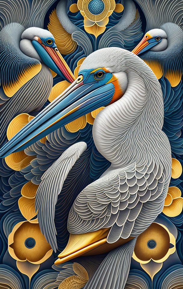 Stylized pelicans with intricate feather patterns on ornamental background.