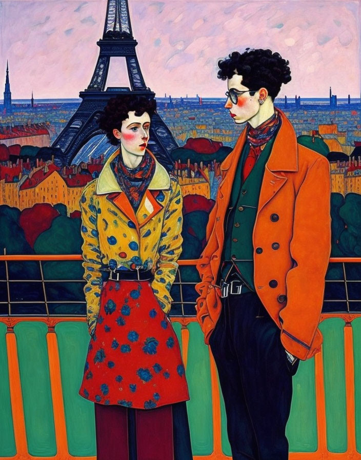 Vibrant Expressionist Painting of Two People at Eiffel Tower