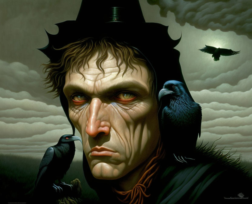 Portrait of rugged man with top hat and ravens under cloudy sky