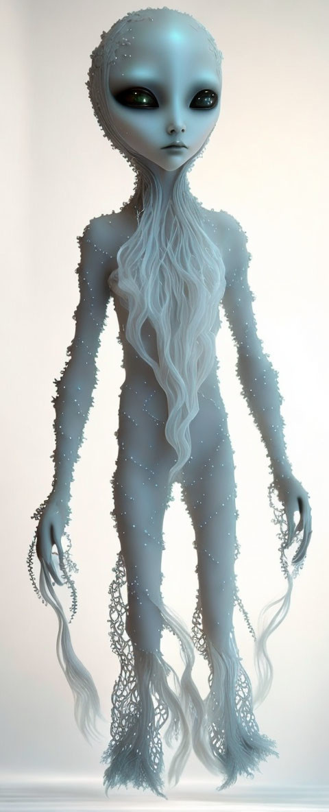 Slender blue alien with black eyes and lace-like appendages on light background