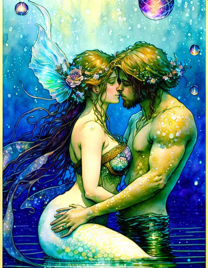 Mermaid and Merman Share Romantic Kiss Underwater