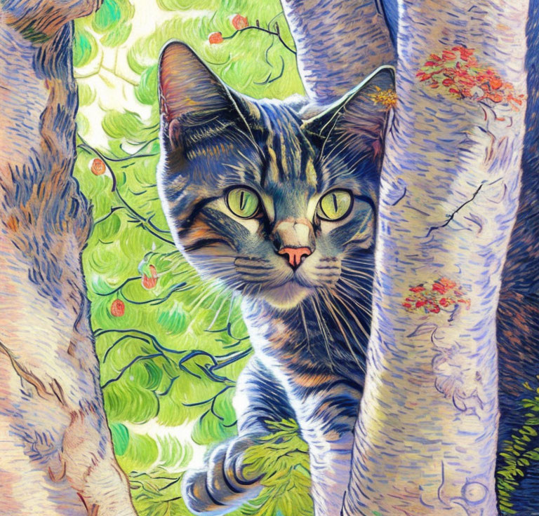 Tabby cat peeking through textured, colorful trees in stylized art