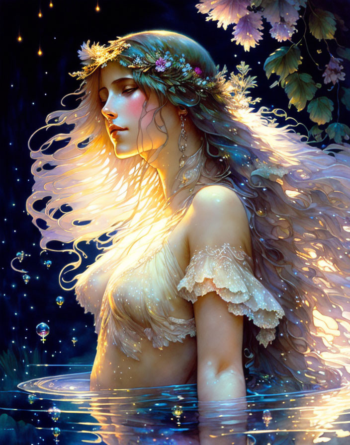 Fantasy illustration of woman with floral crown in starry night scenery