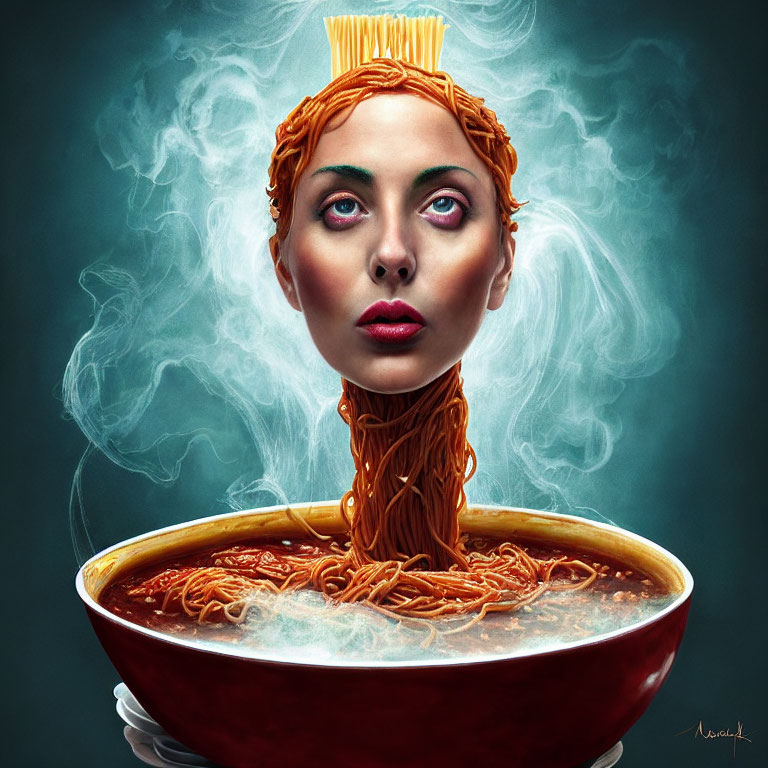 Woman's Head Emerges from Noodle Bowl with Fork Crown