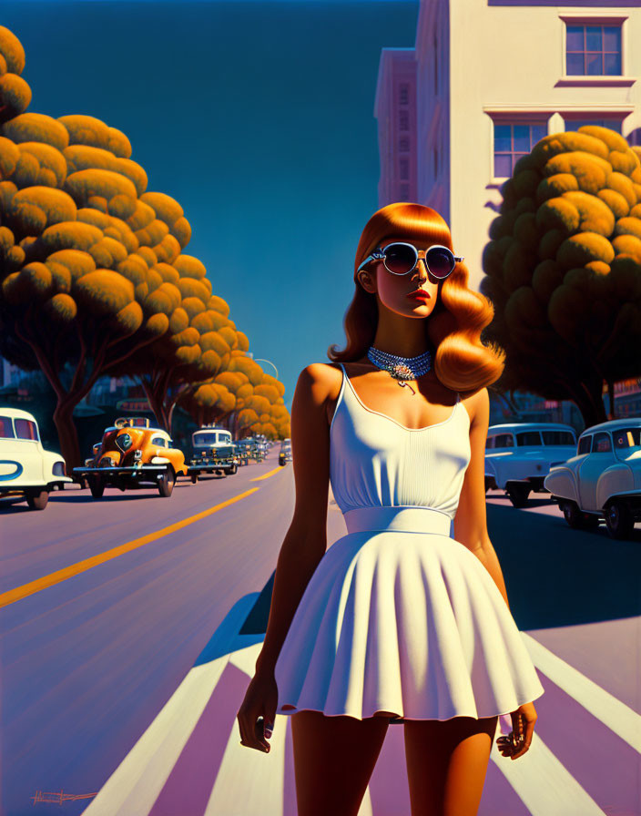 Stylized illustration of woman in white dress on sunny street