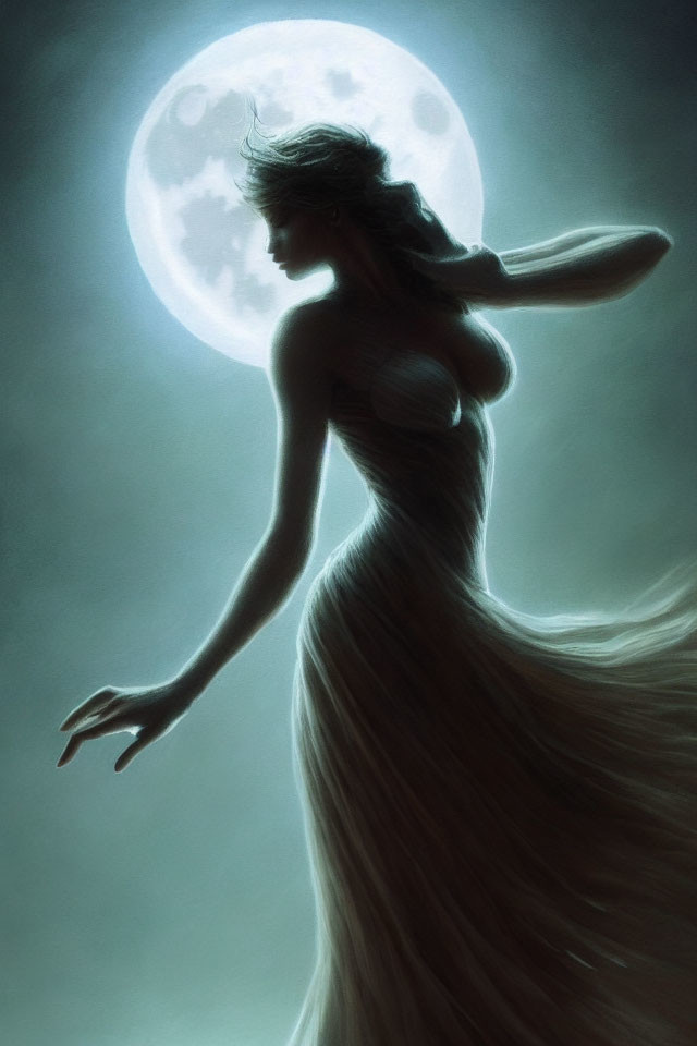 Ethereal woman in flowing gown under full moon glow