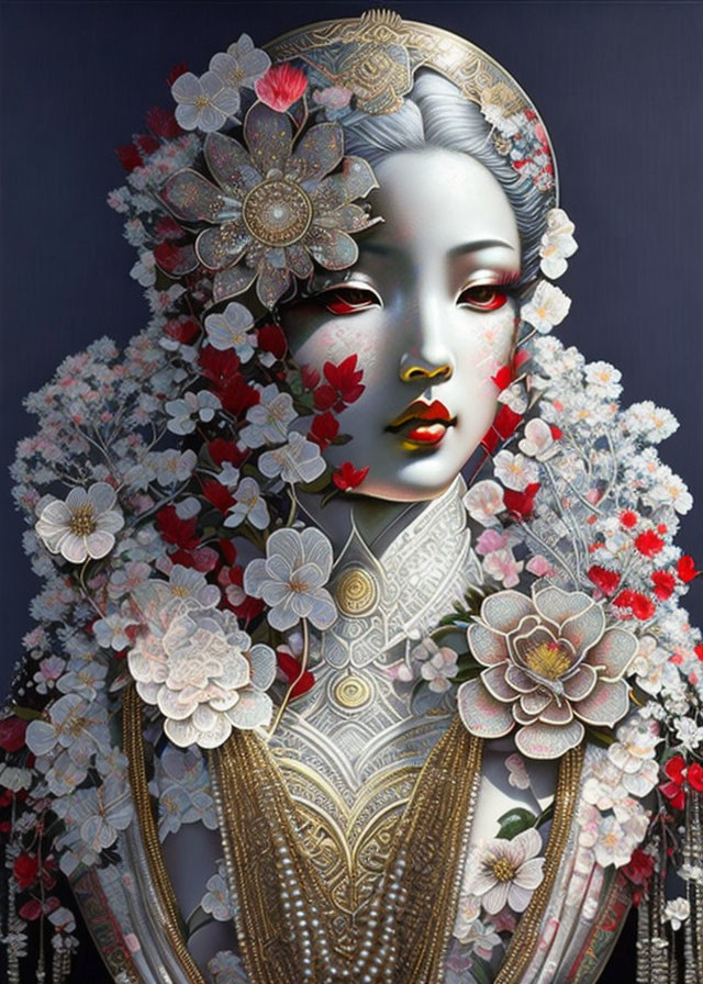 Stylized digital artwork: Pale-skinned woman with floral adornments