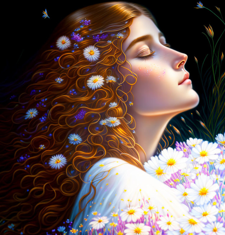 Woman with Red Hair and Flowers Surrounded by Greenery and Fireflies